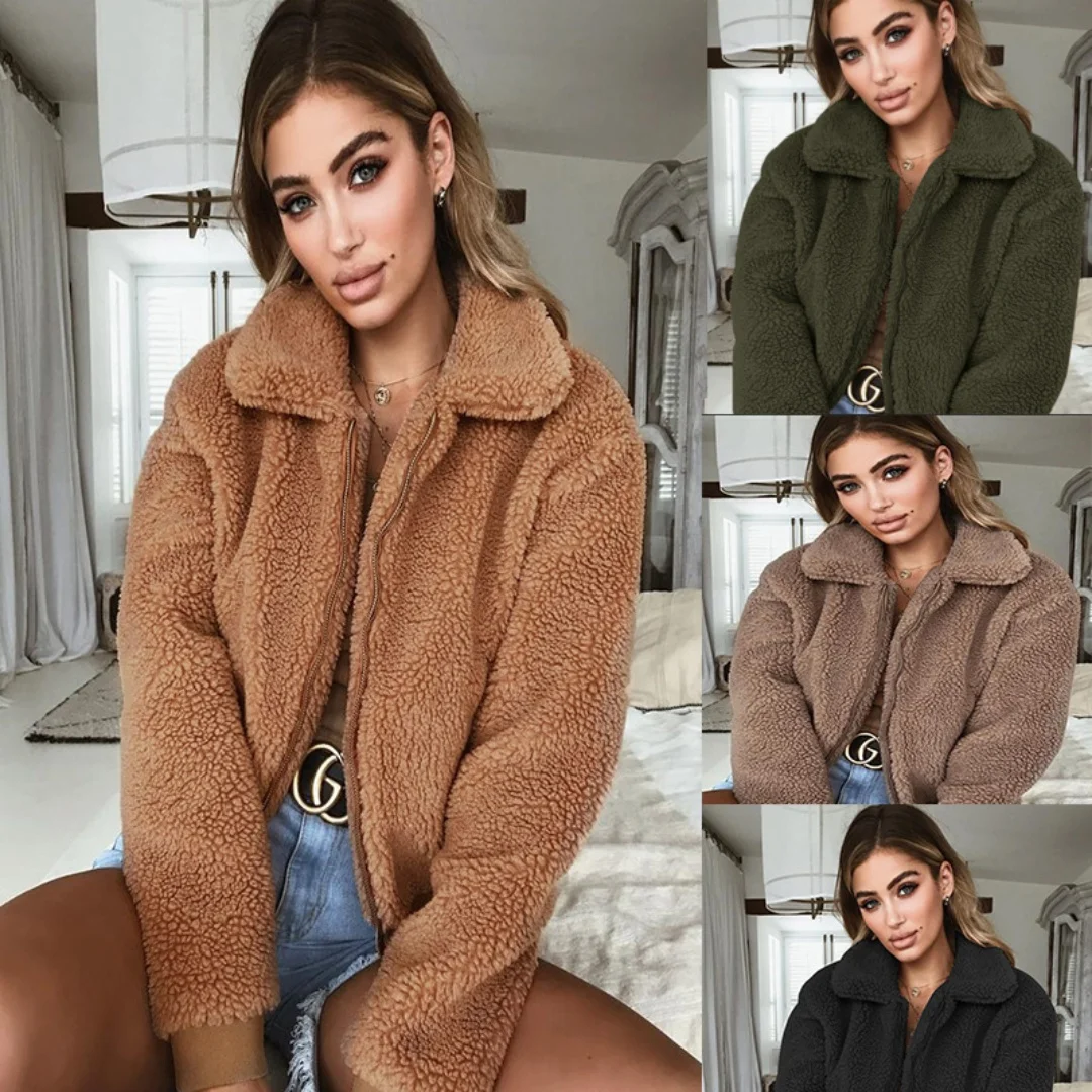 女性用長袖スリムコート、厚手のぬいぐるみオーバーコート、ジップアップ、ソフト、モノクロ、ラペル、カジュアル、伸縮性のあるカフ、屋外ショートジャケット、暖かい、冬