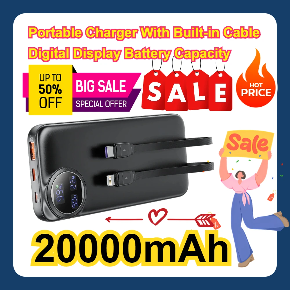 

For IPhone 15 14 13 Pro Power Bank 20000mAh Portable Charger With Built-in Cable Digital Display Battery Capacity 22.5W