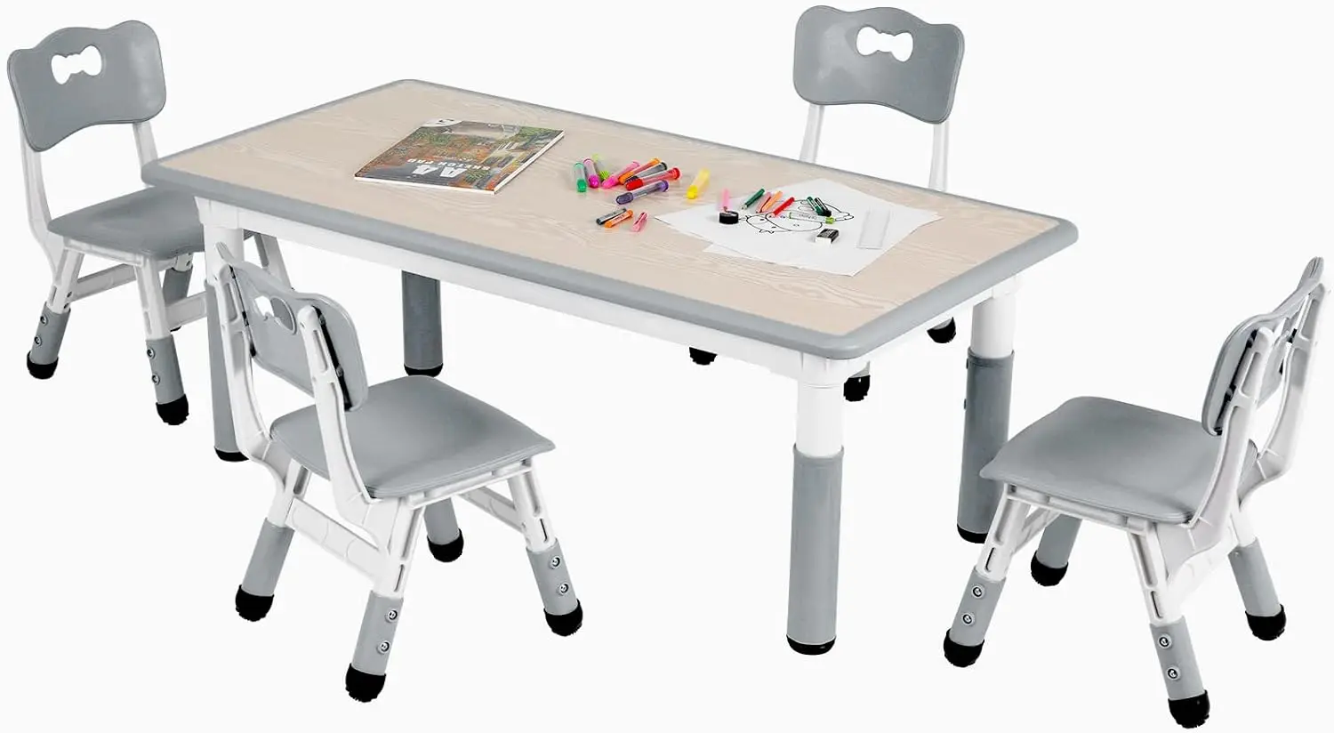 Kids Table and 4 Chair Set, Height Adjustable Toddler Table and Chair Set, Non-Slip Legs, Graffiti Desktop, Large Children