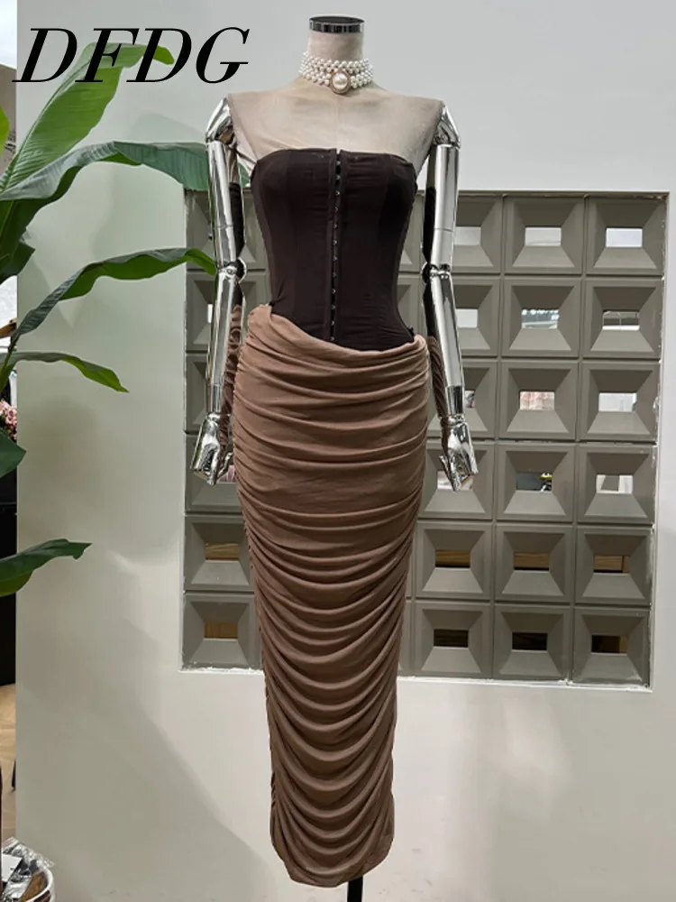 

DFDG Женский винтажный дизайнерский укороченный топ без бретелек на крючках 2025 года, фатиновая юбка с рюшами, комплект из 2 предметов, вечерняя свадьба, весна-лето