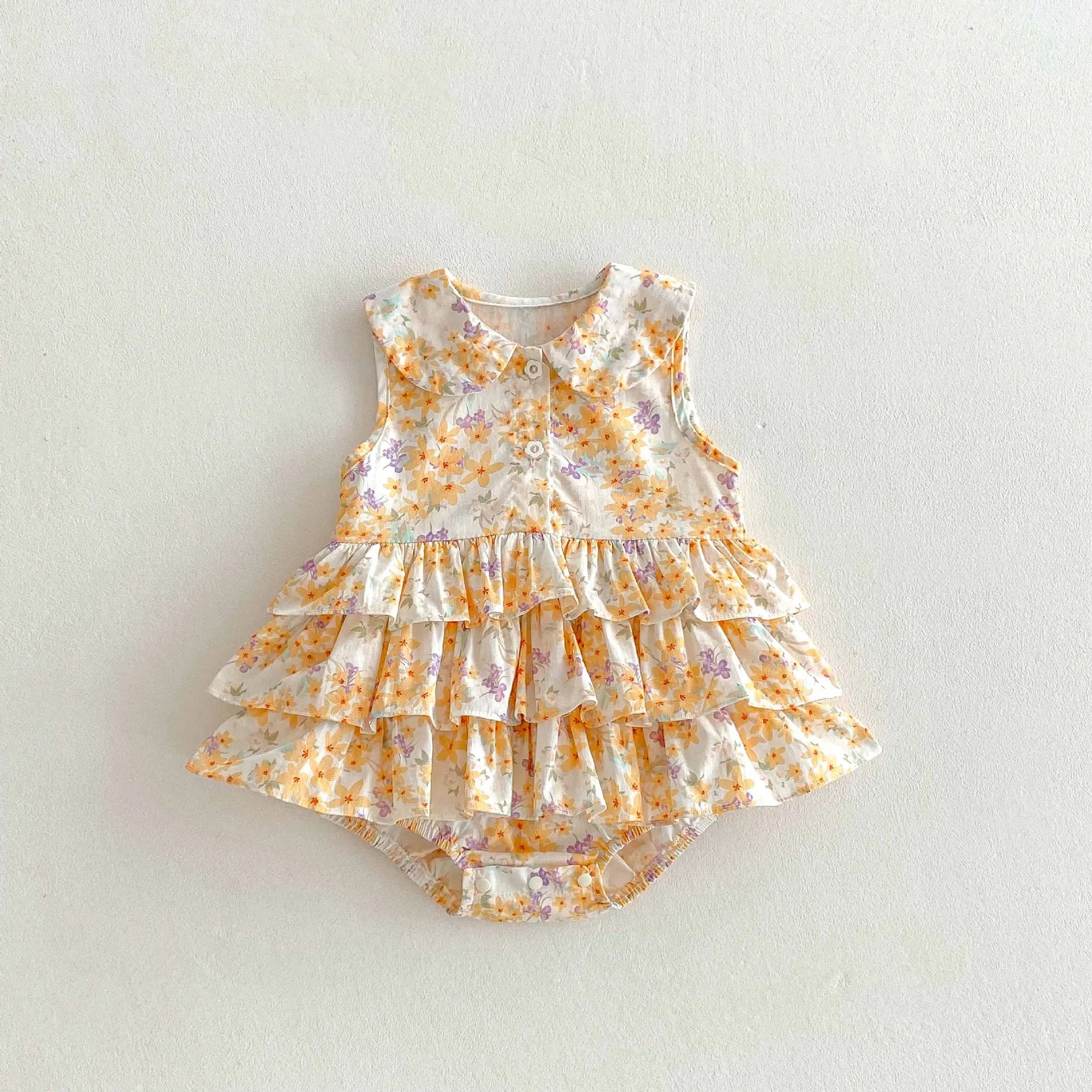 MILANCEL Baby Girls Summer Clothing 0-2Y Sweet Floral Peter Pan Collar Infant Bodysuit Cute Toddler One Piece Layered Dress
