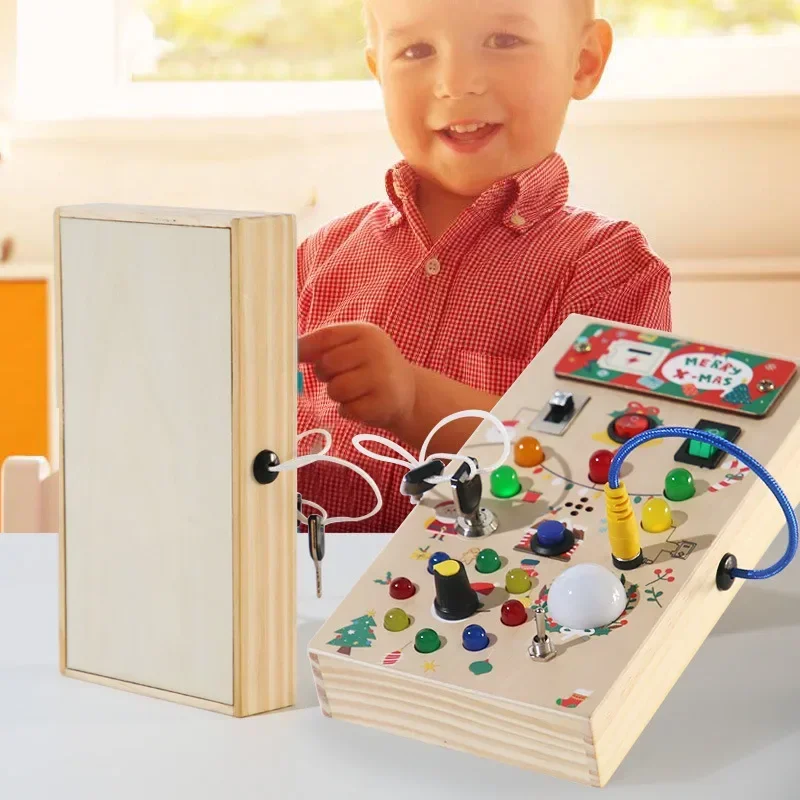 Tablero ocupado Montessori, juguetes sensoriales de madera con interruptor de luz LED, tablero de Control, actividades de viaje, juegos para niños de 2 a 4 años