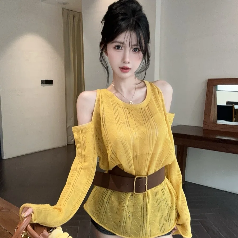 Ele Open-oulder Long-Sve Loose Knitted Sweater Hollow out Comfortable Loose Feeling Top with Belt Autumn Winter Wome...