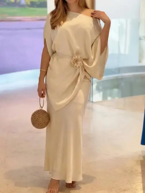 

2026Elegant Sexy Batwing Sleeve Asymmetrical Hem Top High Waist Zipper Side Mermaid Hem Maxi Skirt Set Elegant Satin Evening Set