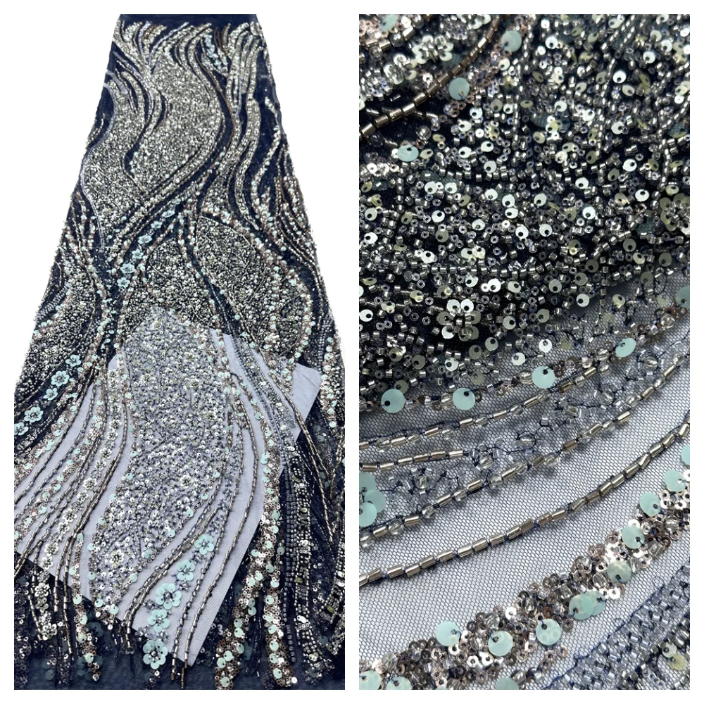 

2026 High Quality African Heavy Beaded Lace Fabric Nigerian Sequin Pearl Lace French Tulle Fabric For Wedding Party Dress Sewing