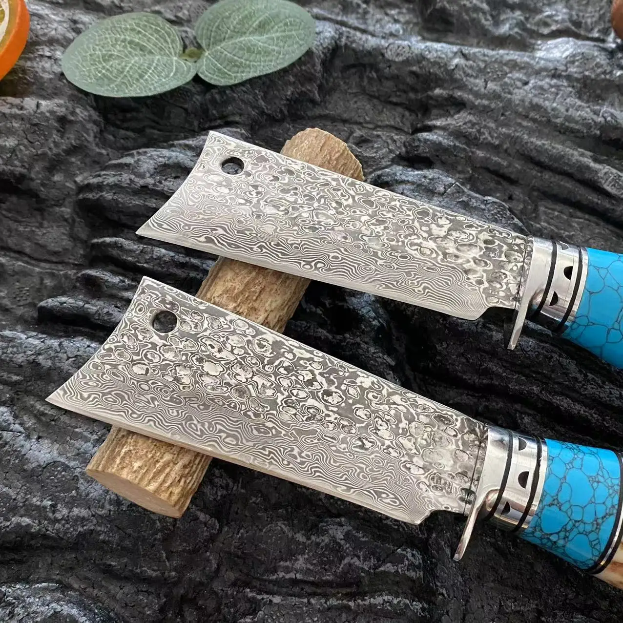 Handmade Natural Deer Antler + Turquoise Handle Fixed Blade Knife Damascus Steel Outdoor Camping Survival Knife For Self Defense