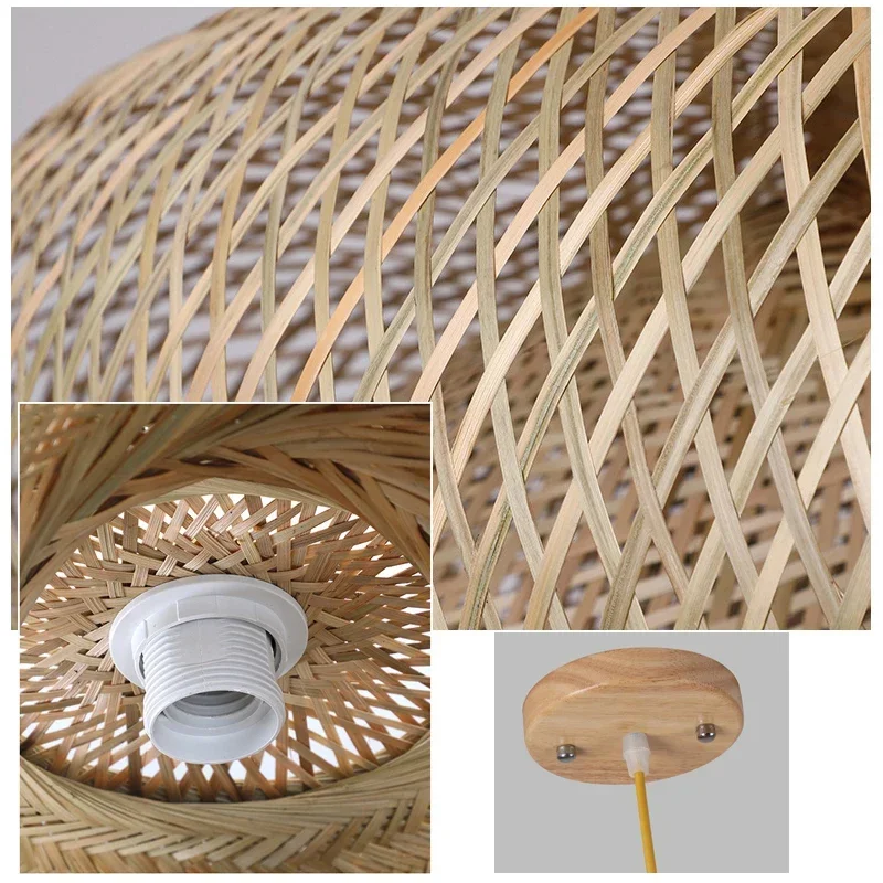 Rattan Wicker Bamboo Wood Pendant Light Ceiling Lustre Chandelier Hanging Lamp Hand Knitted Braided Home Living Bed Room Decor