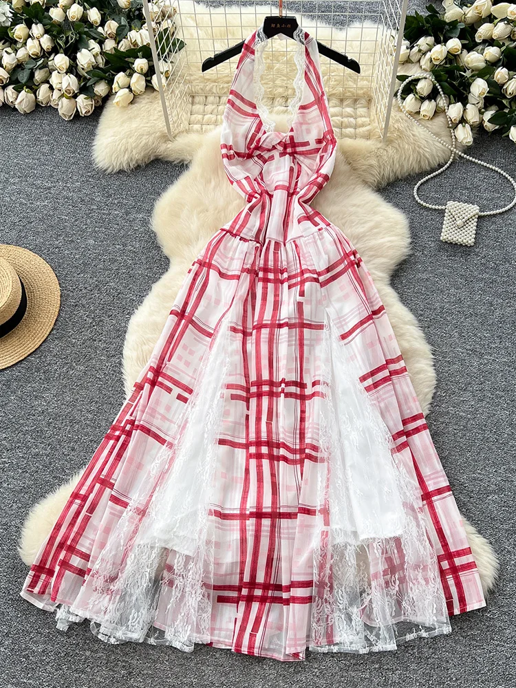 

Women's Summer Vestidos French Vacation Style Sexy Hanging Neck Suspender Lace Patchwork Plaid Backless Suspender Dress DS183
