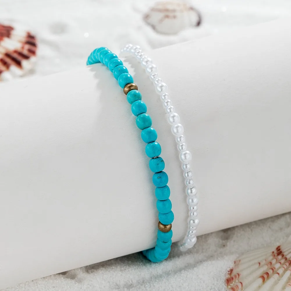 2pcs Set Simple Boho Turquoise Imitation Pearl Beaded Elastic Stackable Anklets for Women Hawaii Beach Surfing Trip Jewelry Sets