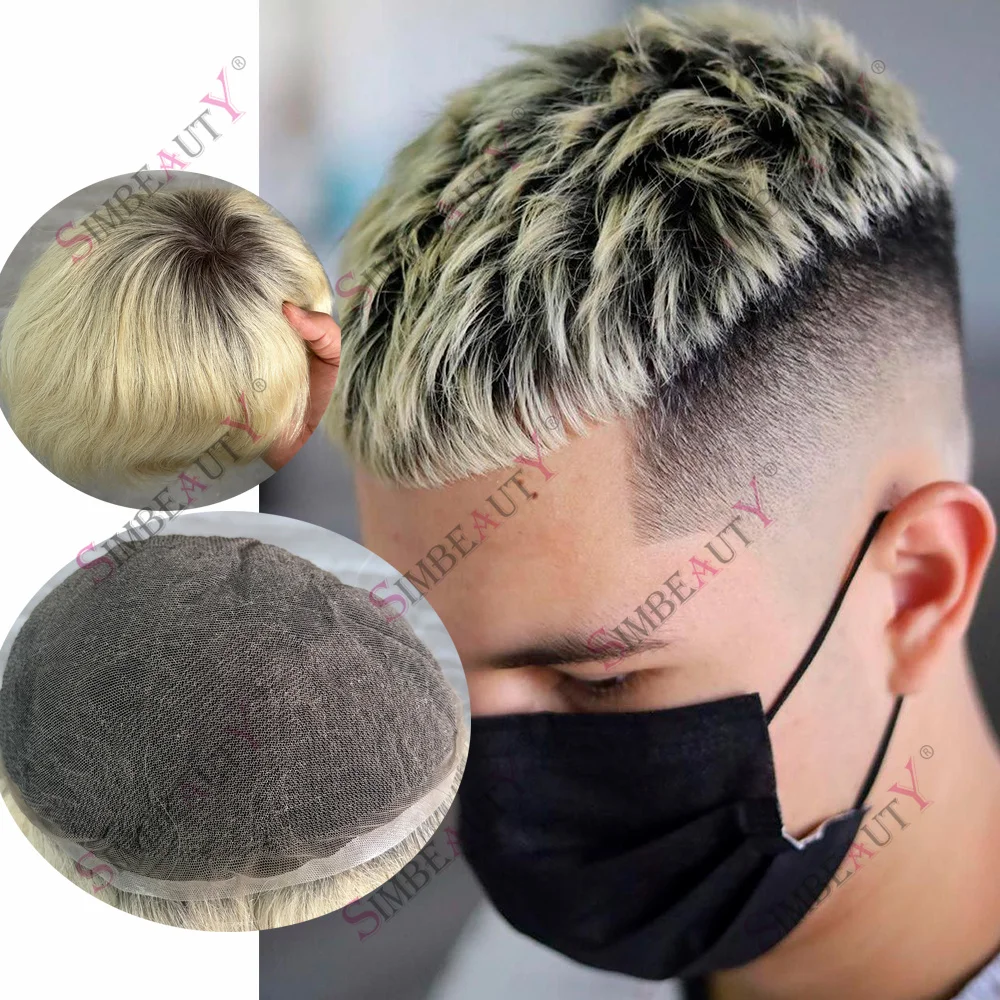 

Men's Invisible Swiss Lace Full Lace Wigs Human Hair Ombre Blonde 1BT613# Toupee Bleach Knot Natural Hairline Replacement System