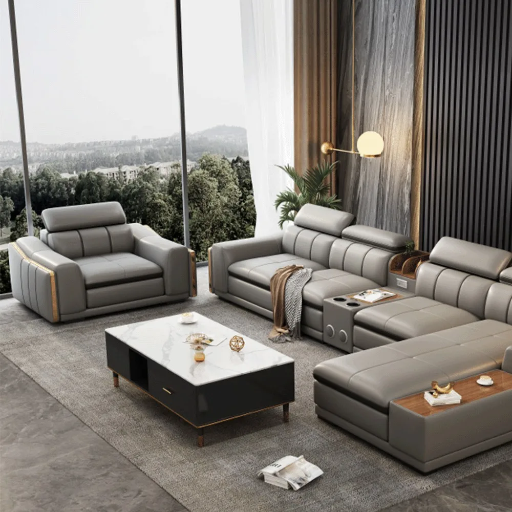 Modern Living Room Furniture Multifunction L-Shaped Leather Sofa With USB Port Speaker Luxury Corner Sofa Setpromote sales