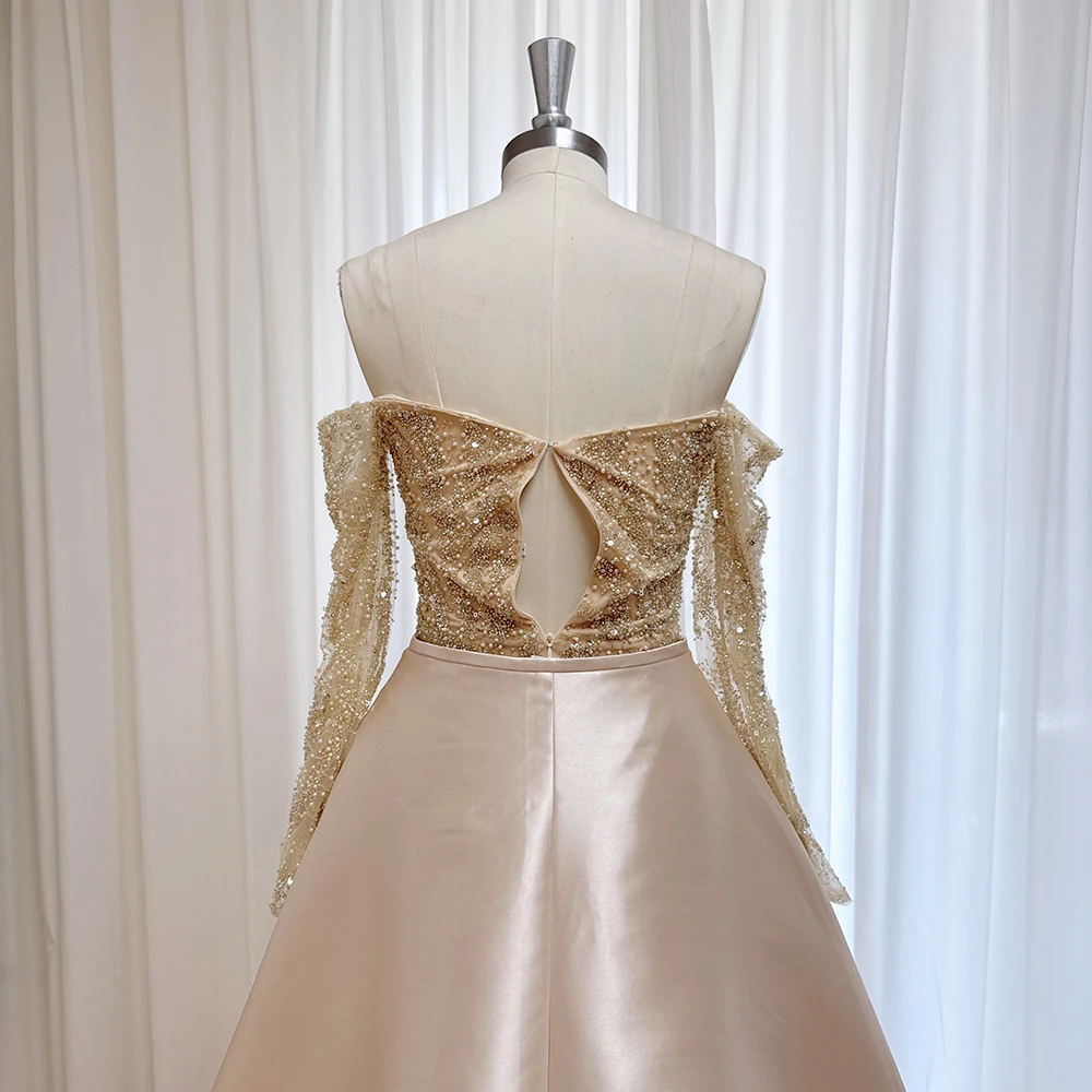 Vestido de noche elegante de satén para mujer con tren desmontable perlas mangas largas sirena vestido de fiesta de graduación personalizado 2025 boda