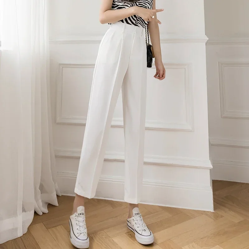 Casual Women Suit Pants Summer Fashion High Waist Black Harem Business Pants Female Korean Style Pocket Thin Nine Point Trousers