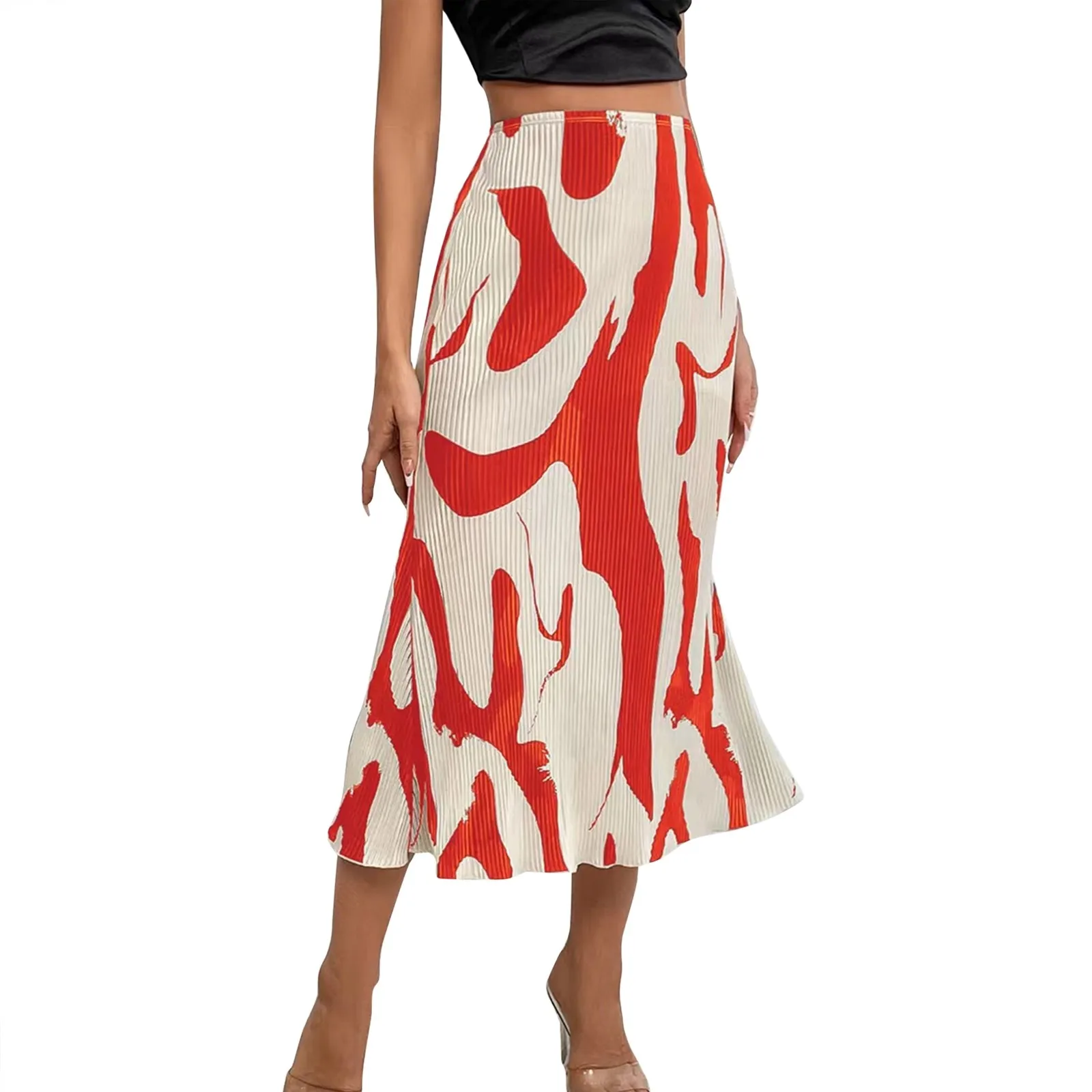 

Dressy Casual Graphic Print Pleated Long Skirts Women Autumn Fashion Elastic High Waist Geometry Midi Skirt Streetwear