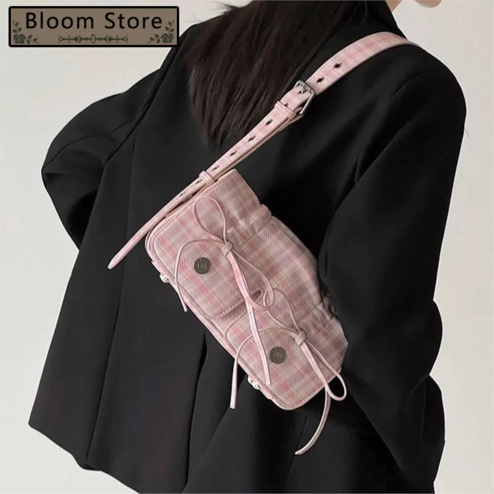 

Bloom Sweet Cool Pink Plaid Handbag Women New Hot Girls Bow Chic Underarm Bags Ladies Haruku Messenger Bag Bolsos Aesthetic