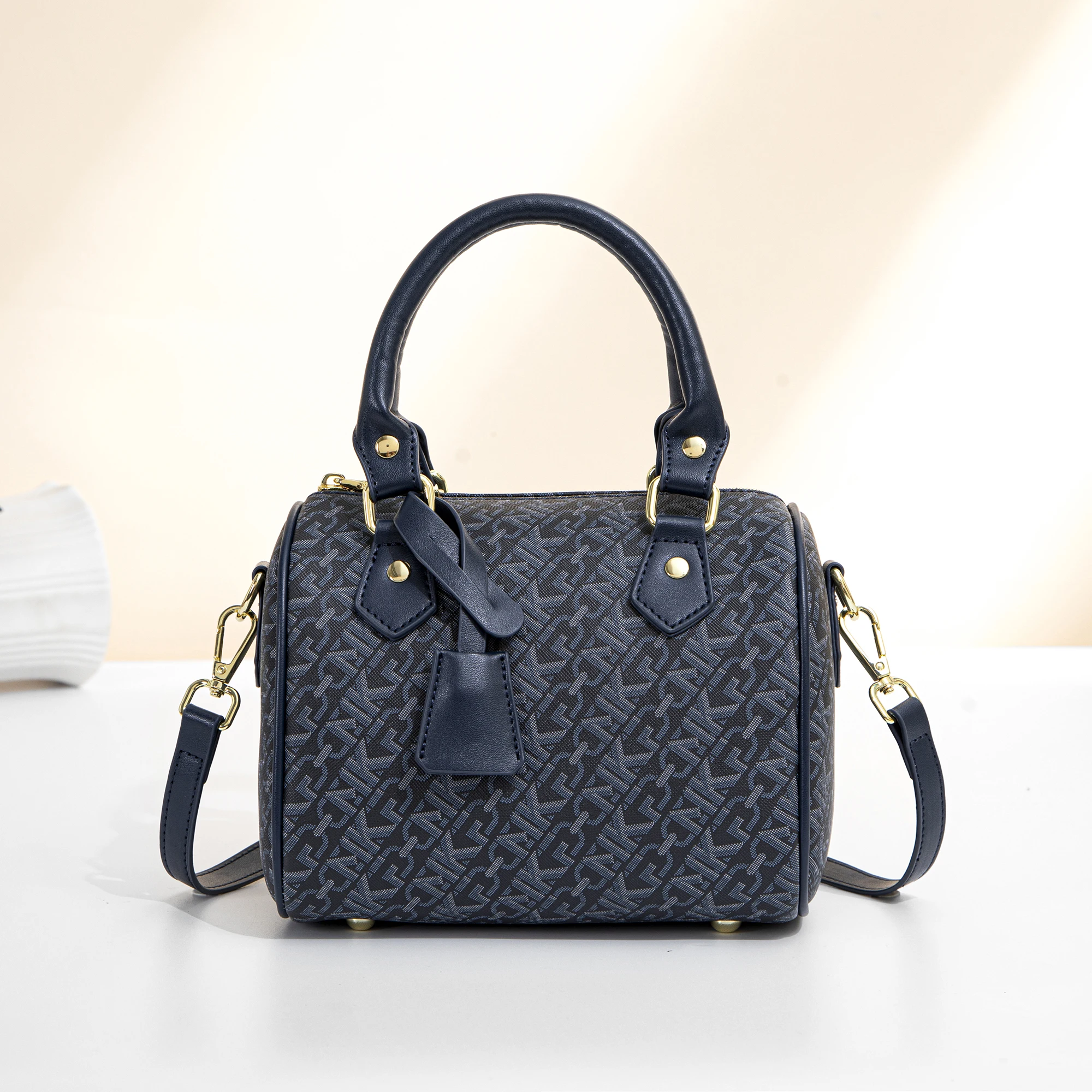Vintage floral mini Boston handbag for women, cylindrical pillow-shaped small bag, detachable and adjustable leather tag pendant, leather crossbody strap, multi-layer zippered compartments, suitable for daily commuting as a shoulder bag