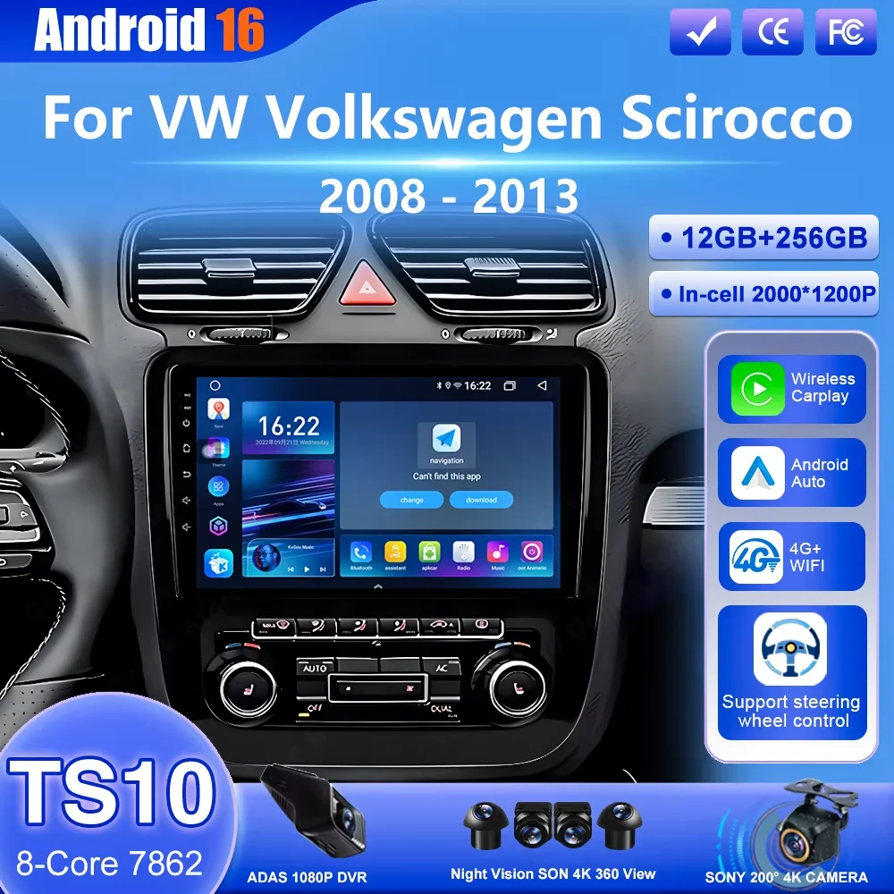 

Android 16 Car Radio Stereo For VW Volkswagen Scirocco 2008-2013 Auto Wireless Carplay Car Multimedia Video Player 4G+Wifi QLED