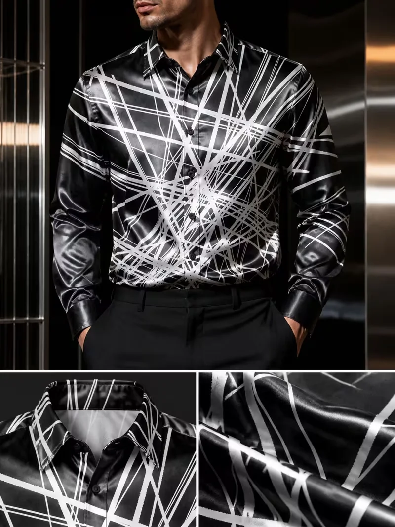 New matte navy blue satin men's rainbow sparkling diamond gradient Baroque printed men's long sleeved shirt
