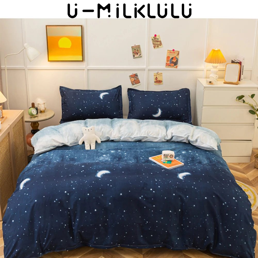 Night Sky Stars Moon Pattern Bedding Set Sheet Set Single Double Queen King Size Elastic Dark Blue Bed Comforters Duvet Cover