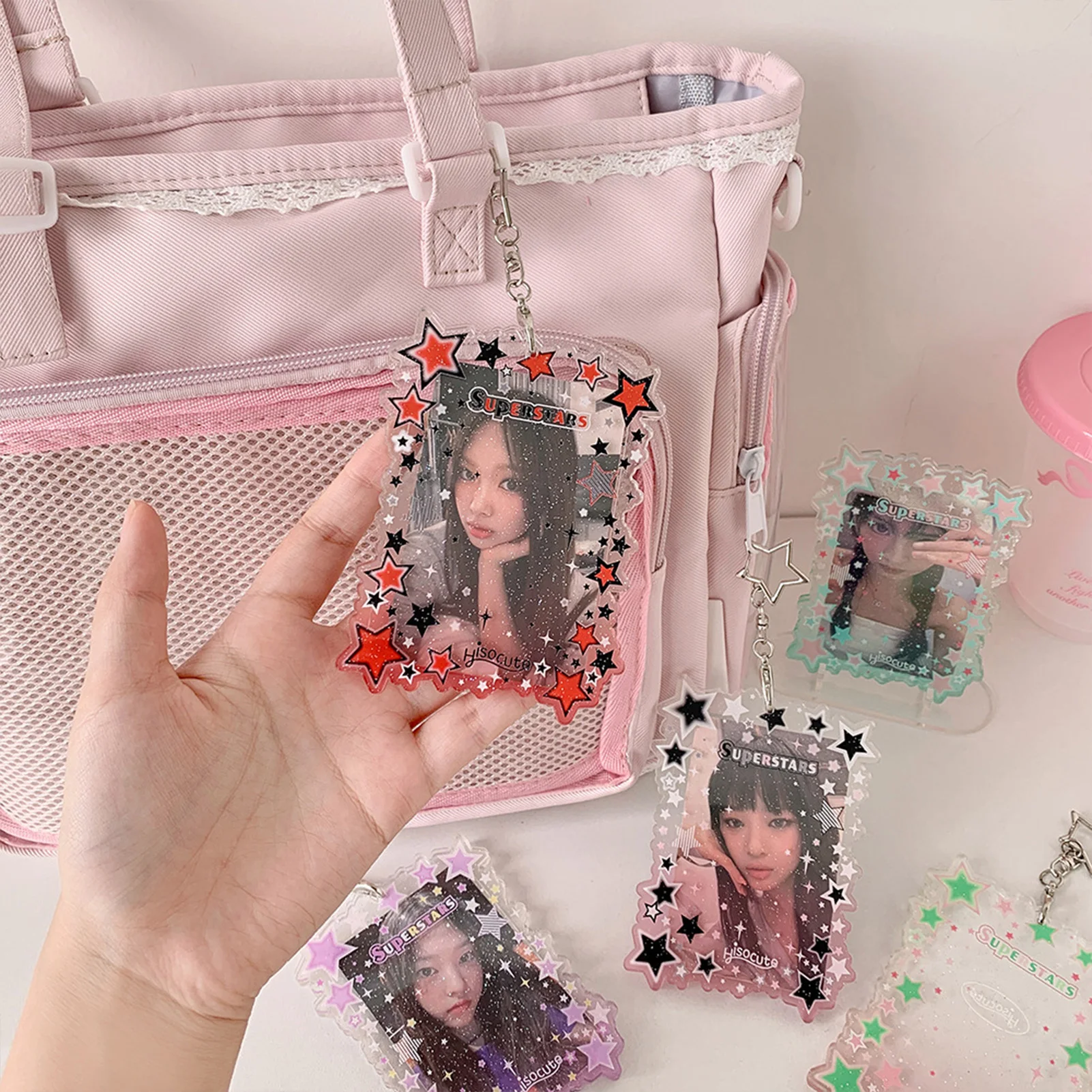 Mini Picture Card Case with Star Keyring Attachment Transparent Acrylic Trading Card Protector Compact Photo ID Badge Holder