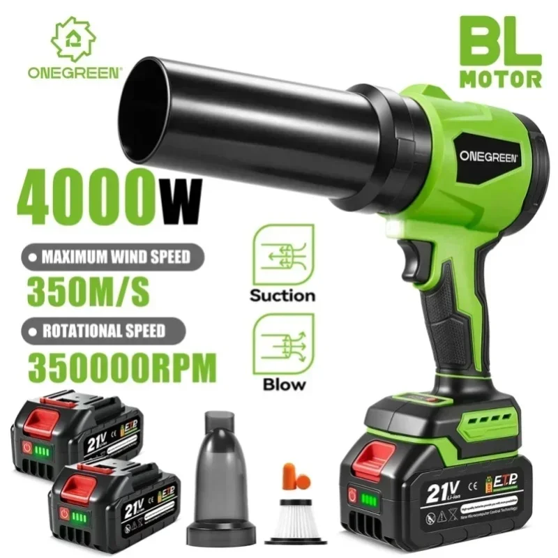 ONEGREEN 4000W bürstenloser 2-in-1-Elektroluftgebläse, 350 m/s, leistungsstarkes, kabelloses Reinigungsgerät zum Absaugen und Ausblasen, Handgerät, kompatibel mit Makita 18V-Akku.