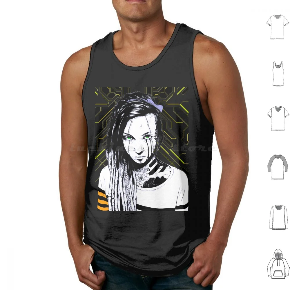 Girl Futurist Style Tank Tops Print Cotton Cyborg Girl Glitch Vaporwave Japanese Hipster Future Fashion Urban Style