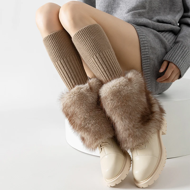 

Y2k Knitted Patchwork Faux Fur Leg Warmers Winter Warm Plush Leg Cover Harajuku Thicken Furry Socks JK Uniform Boot Covers