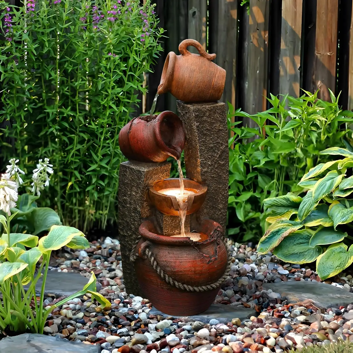 

Outdoor Water Fountain, 32 Inch Cascading Pitchers Farmhouse Outdoor Fountains and Waterfalls with LED Lights,