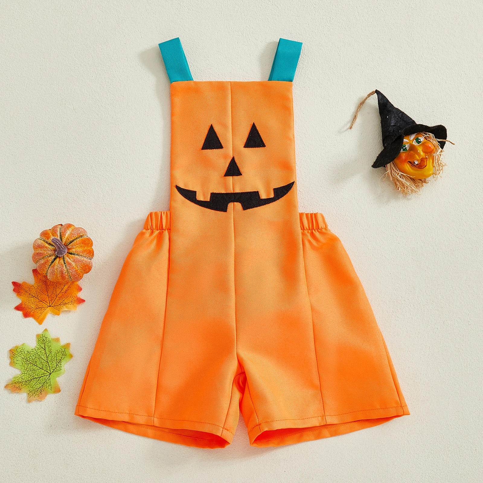 3-7Y Little Boy Girl Halloween Overalls Sleeveless Pumpkin Face Print Suspender Shorts Jumpsuits