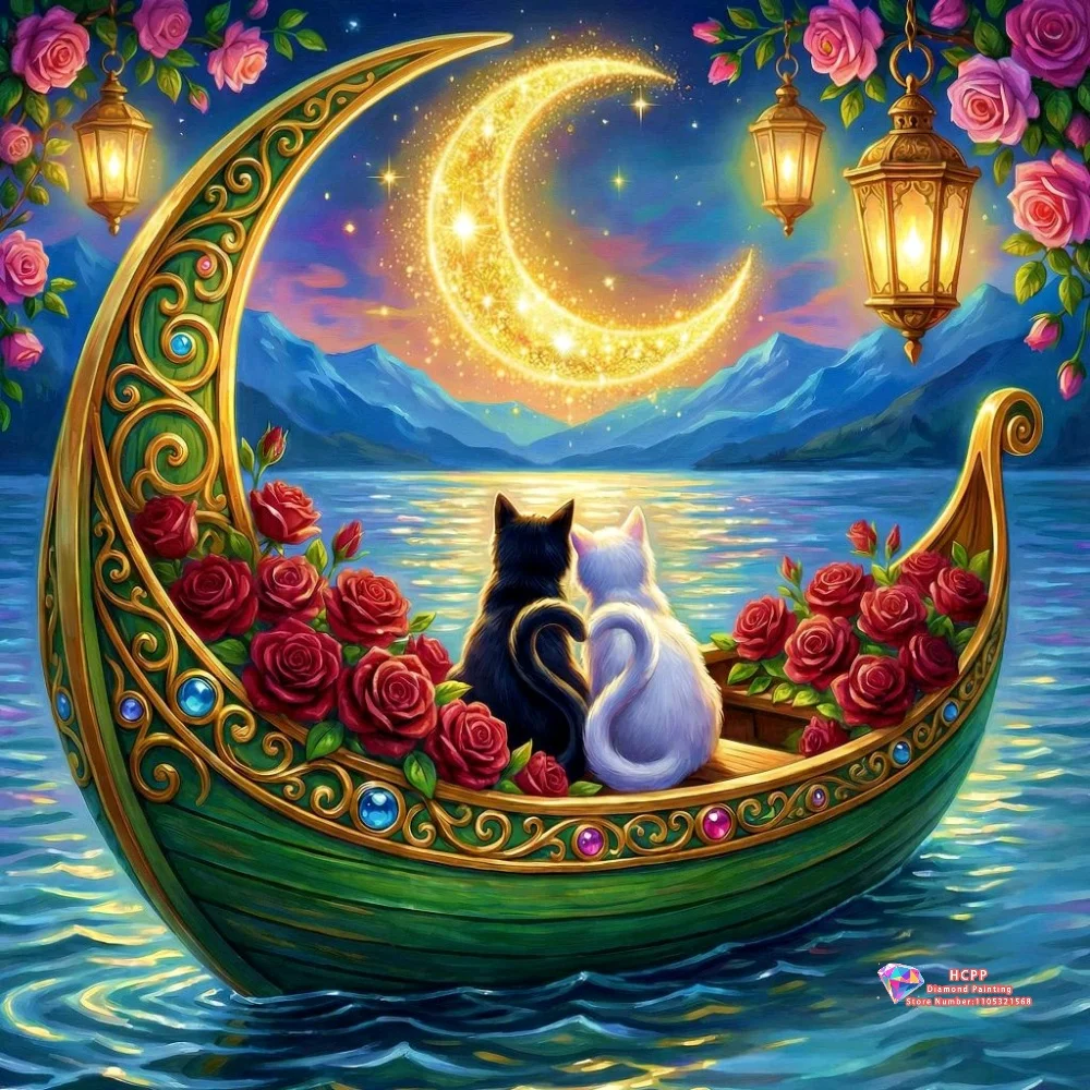 Cats in Moon Boat with Roses 5D DIY Diamond Painting Set with Square and Round Diamonds Handmade Crafts Home Decor Gifts.