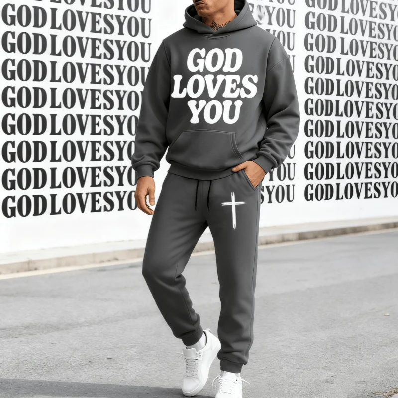 

2025 Fashion Men's Fleece Hoodie Pants Set – Autumn/Winter Casual Suit, Religious Print Outdoor Fashion Sweatshirt & Pants