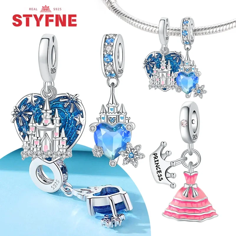 

Silver 925 Fireworks Castle Pendants Bracelet Charms Shiny Blue Zircon for Women Jewelry Party Beads DIY Fine Gifts Accessories