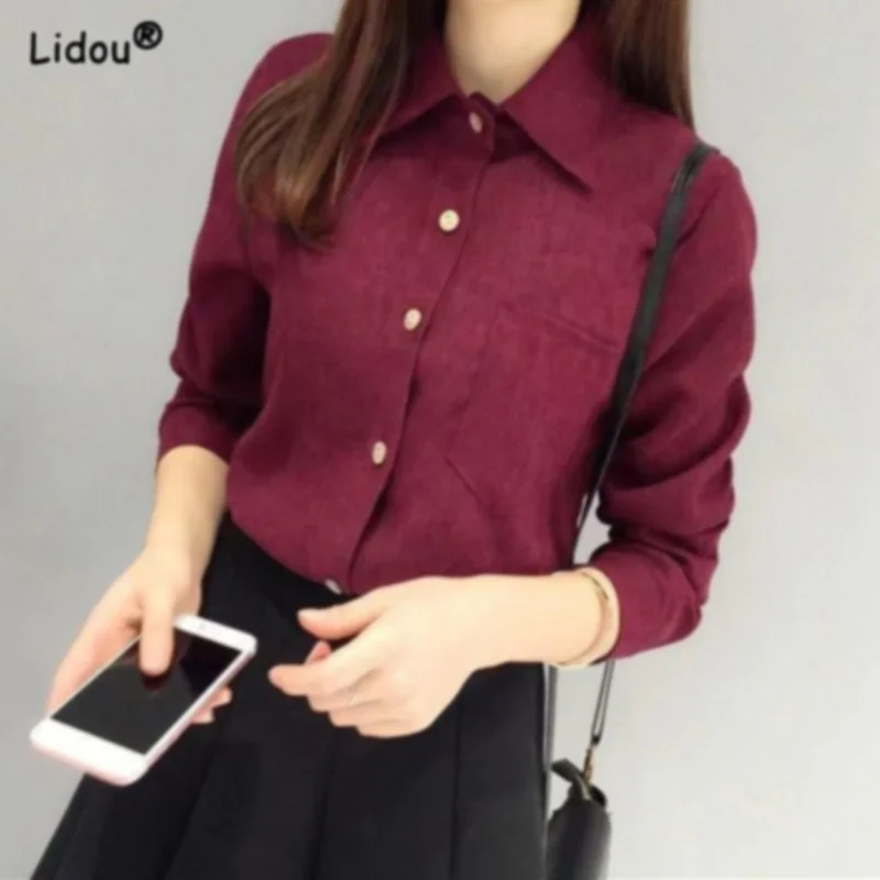 Fashion Trends Women Clothing Shirt Tops Polo Collar Skinny Corduroy Regular Solid Color Comfortable Pocket Popularity Button