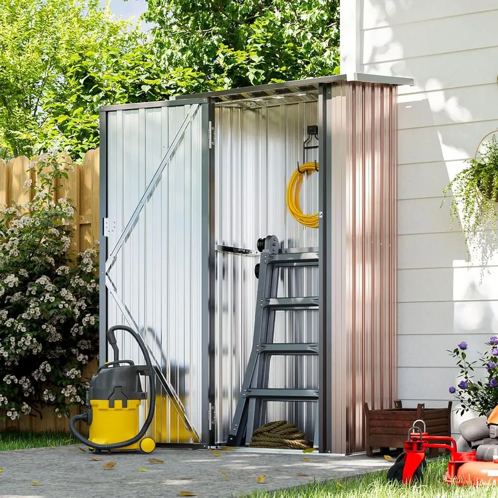 

Brown Outdoor Metal Storage Shed with Lockable Door and Sloping Roof for Garden and Patio Use