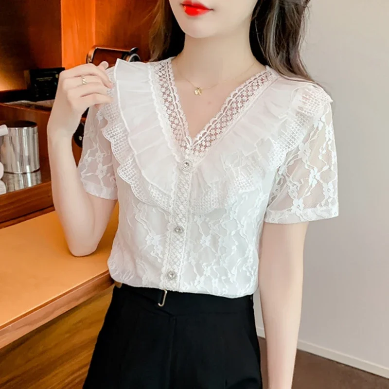 Summer White Lace Blouses 2024 Fashion V Neck Ruffles Casual Blusas Femininas Korean Style Clothes Slim Elegant Y2k Tops Mujer