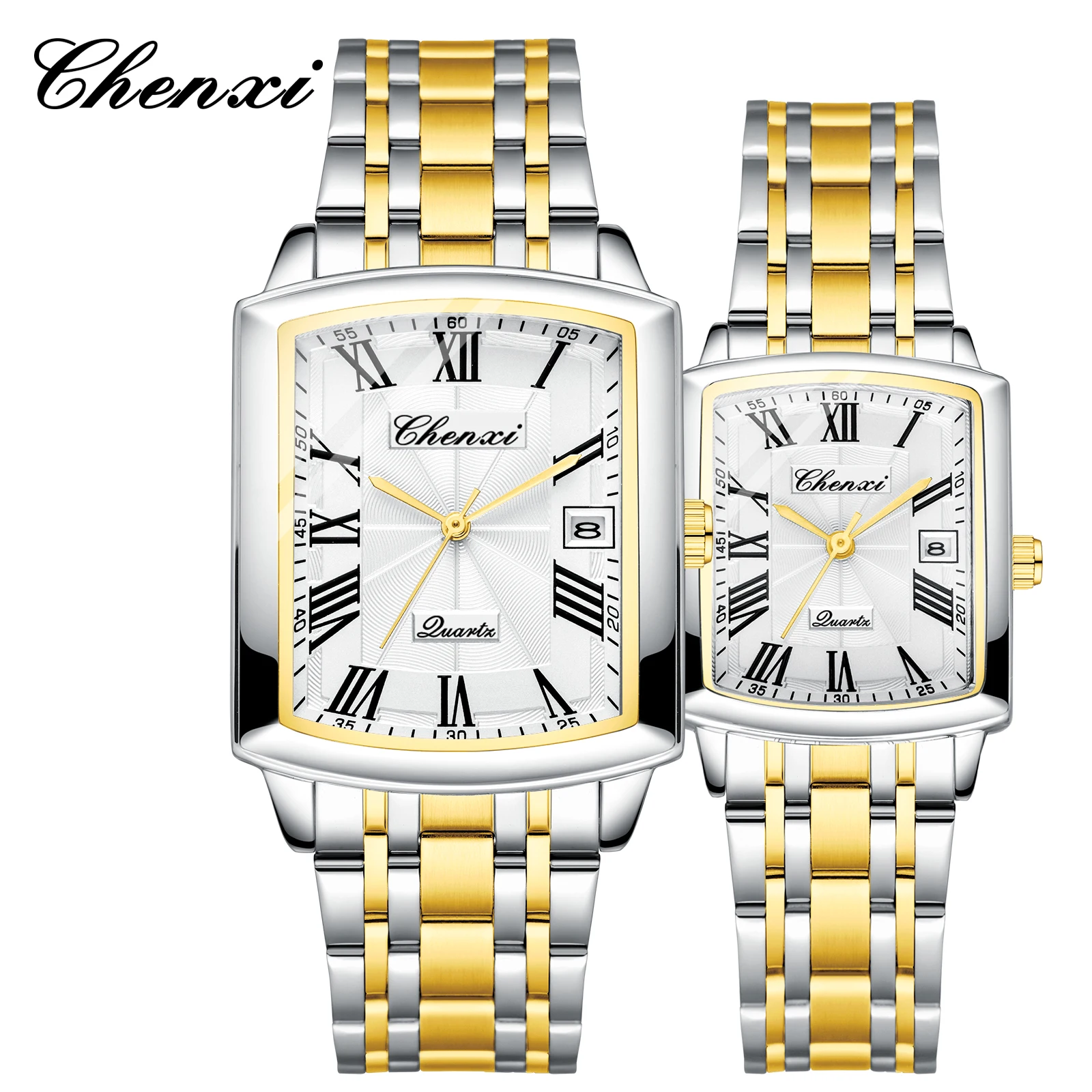 CHENXI 079 Couple Quartz Watch Calendar Waterproof Watches Gold Steel Strap Elegant Men Women Wristwatch reloj hombre