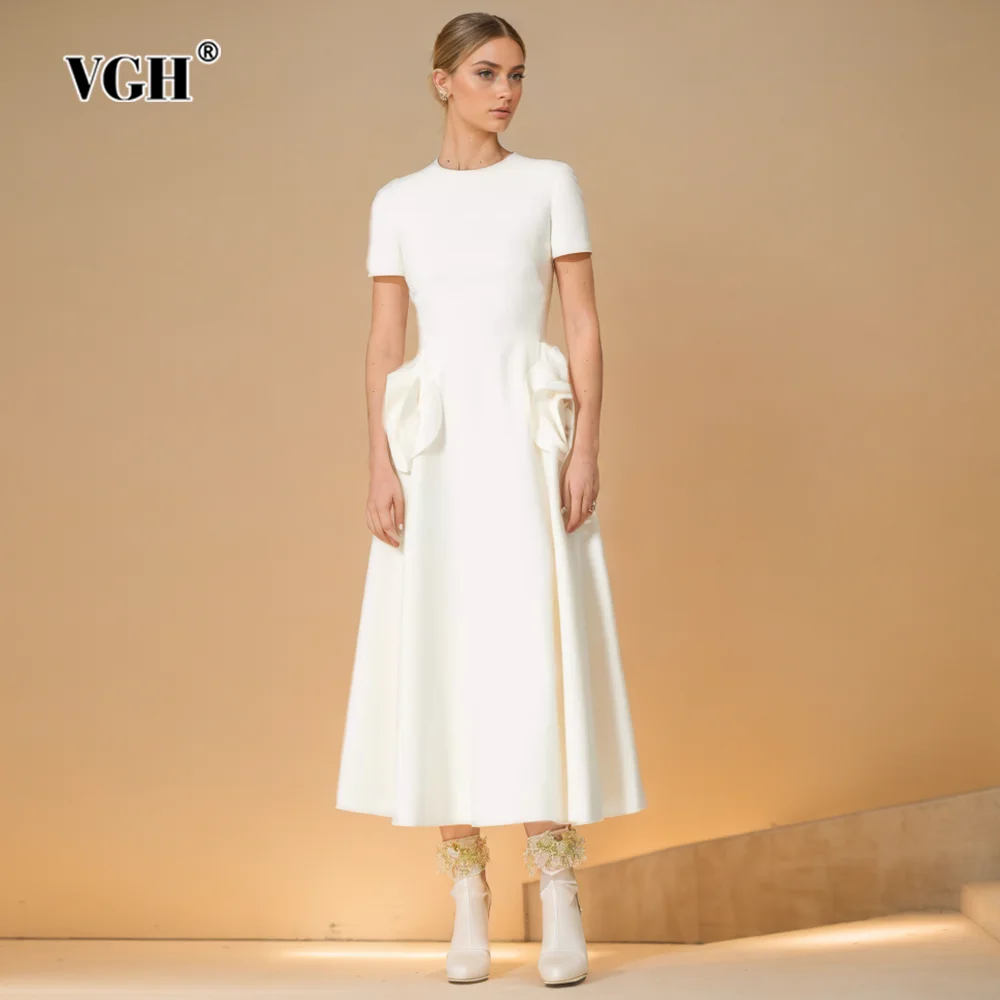 

VGH Solid Patchwork Appliques Elegant Dress For Women Round Neck Short Sleeve High Waist Temperament Dresses Female Fashion New