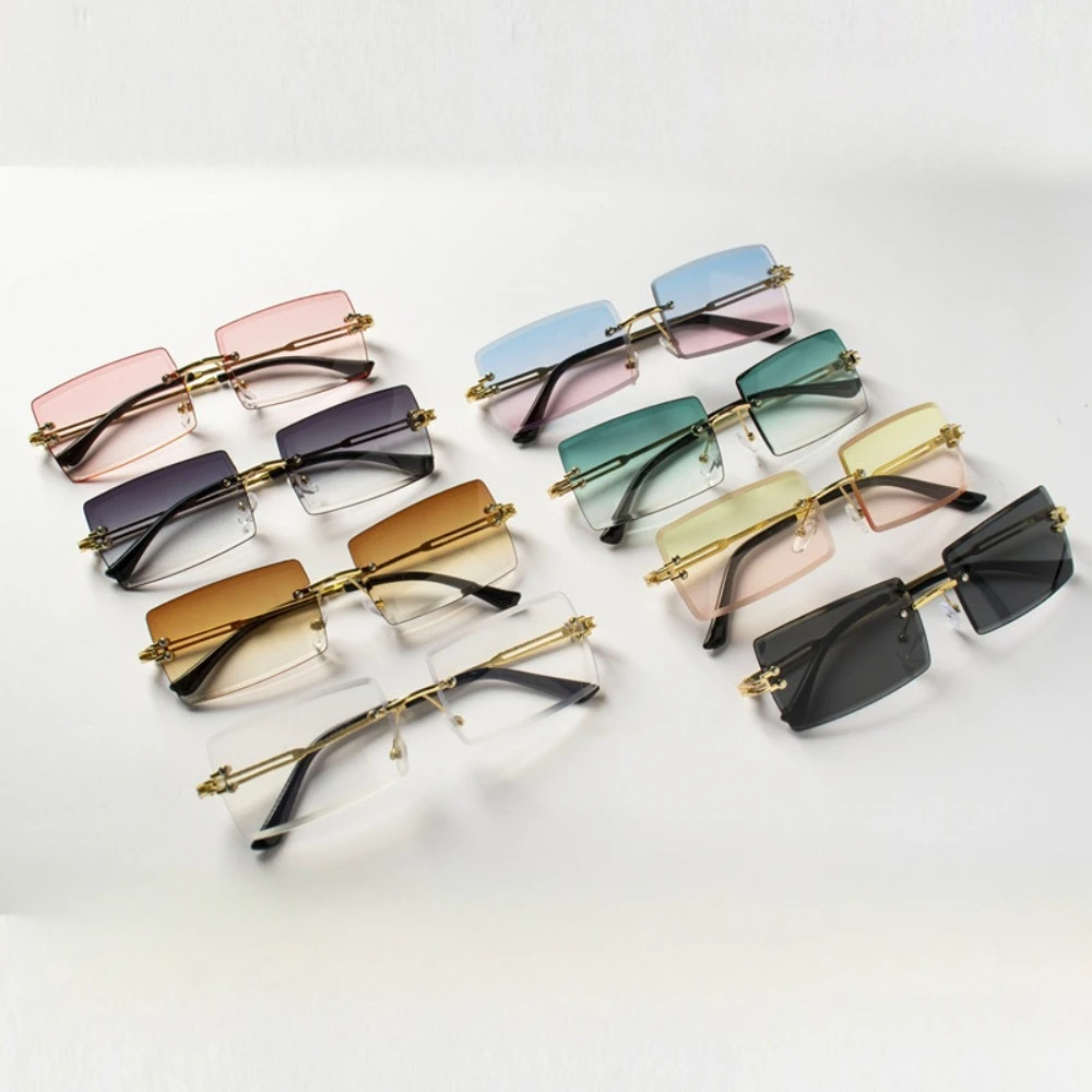 Fashion Rimless Sunglasses Women Trendy Small Rectangle Sun Glasses Summer Traveling Style Brown Shades for Men
