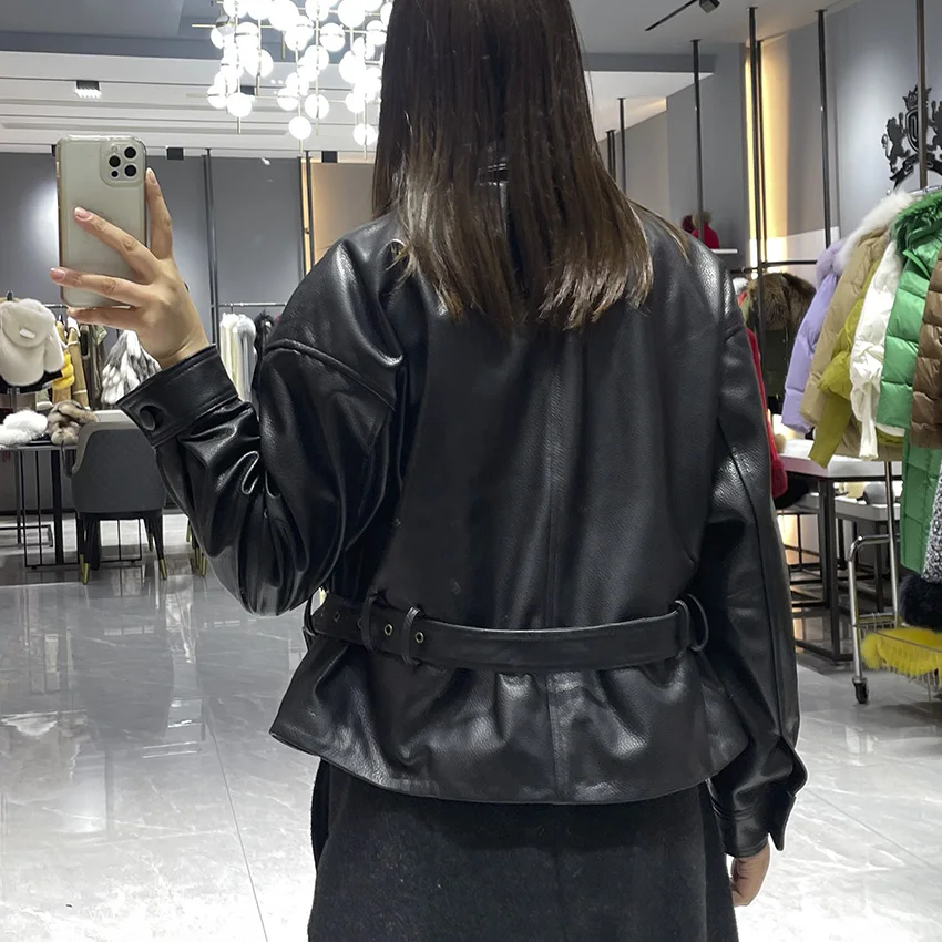 JANEFUR Cappotto primaverile da donna Elegante giacca da donna in vera pelle Cintura con risvolto Pelle di pecora Nero Office Lady JFB6-25006