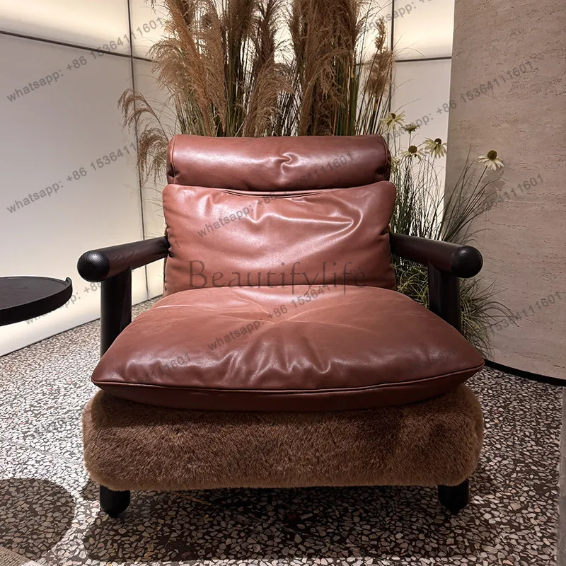 

Medieval designer sofa chair oil wax leather retro solid wood single living room leisure chair