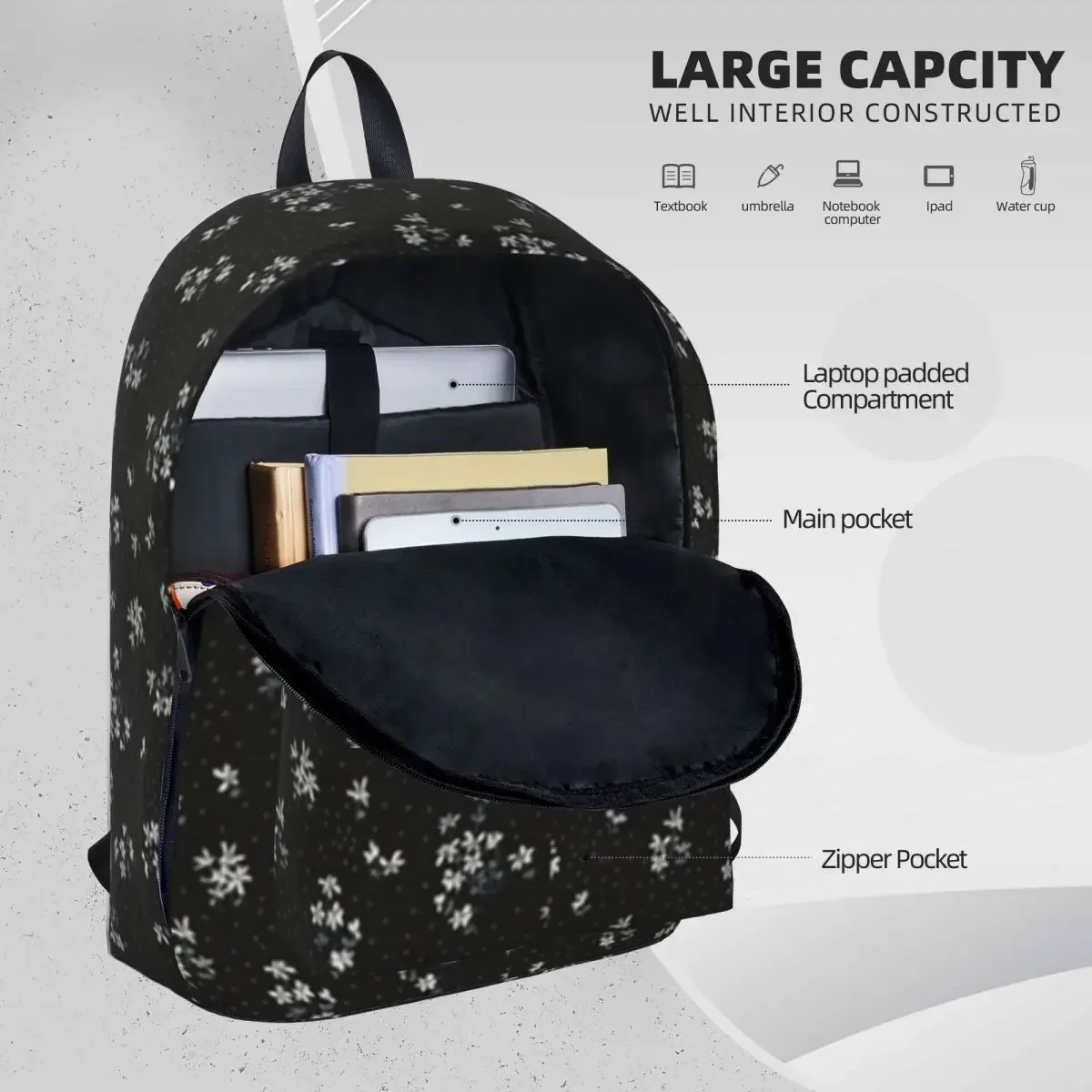 Black Floral Print Woman Backpacks Boys Girls Bookbag Waterproof Students School Bags Portability Travel Rucksack Shoulder Bag