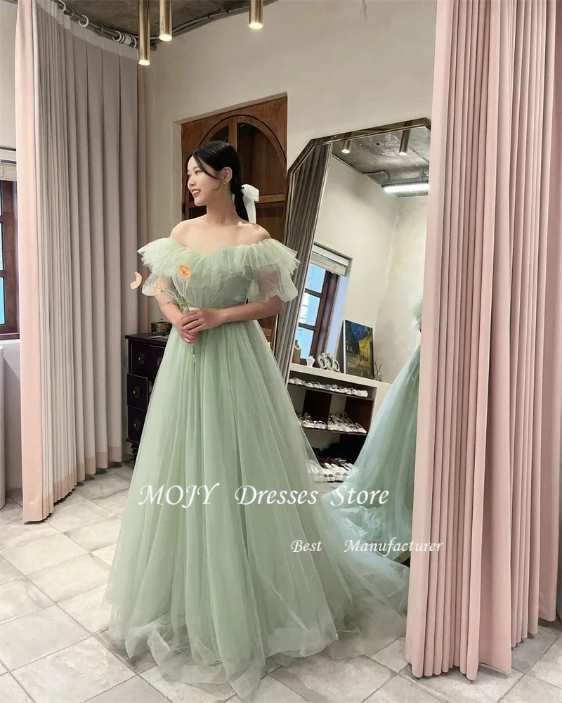 Mojy Elegant Off Shoulder Tulle Evening Dresses Korea Wedding Photo shoot Sage Green Evening Formal Gowns Party Customized