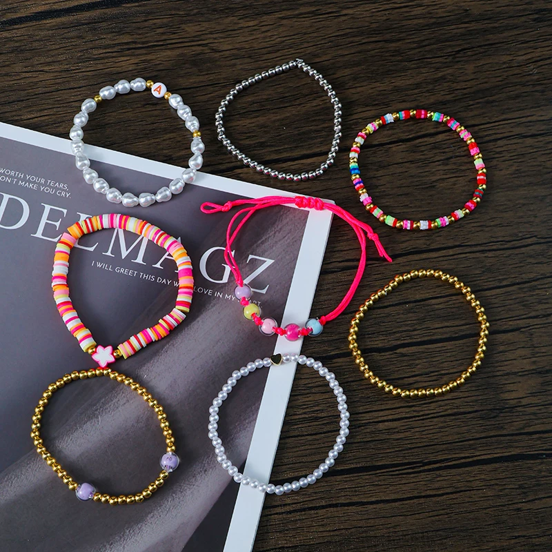 HI MAN-Bohemian Style Mix Colors Creative Baroque Pearl Glass Bead String Bracelets Friendship Gifts Fashion Jewelry 8 Pcs/Set