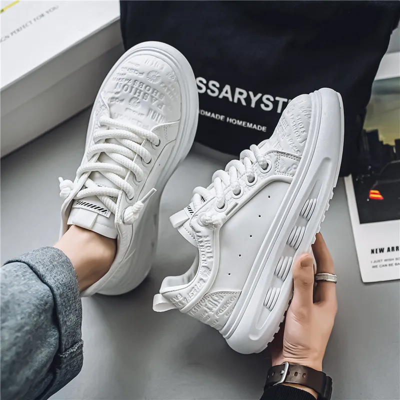 New Fashionable Men's Leather Solid Color Alphabet Sneakers Versatile Thick Bottom Lace Anti Slip Sneakers White Shoes Size39-44