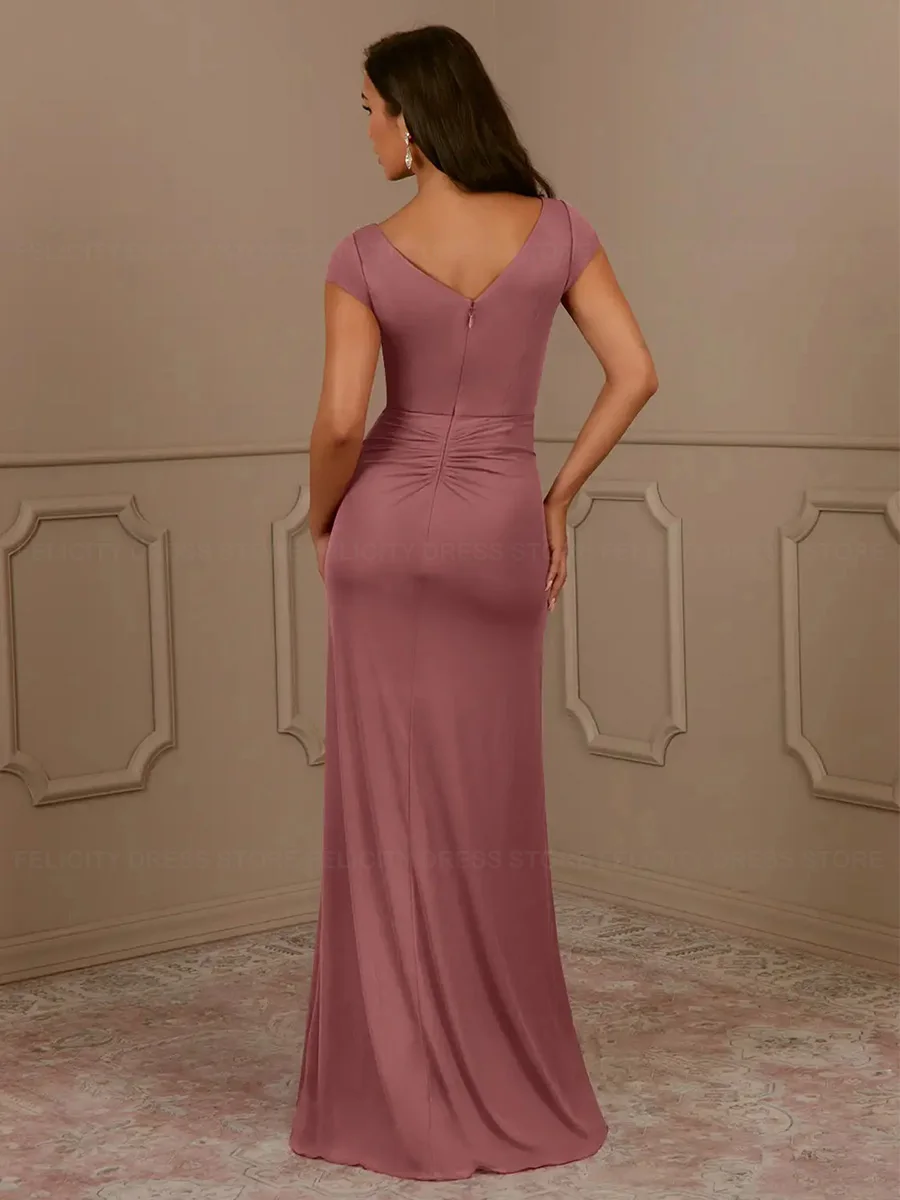 Vestidos sencillos para madre de la novia, sirena con traje Formal de cuello en V, abertura frontal, plisado, volantes, para invitados de boda, 2023