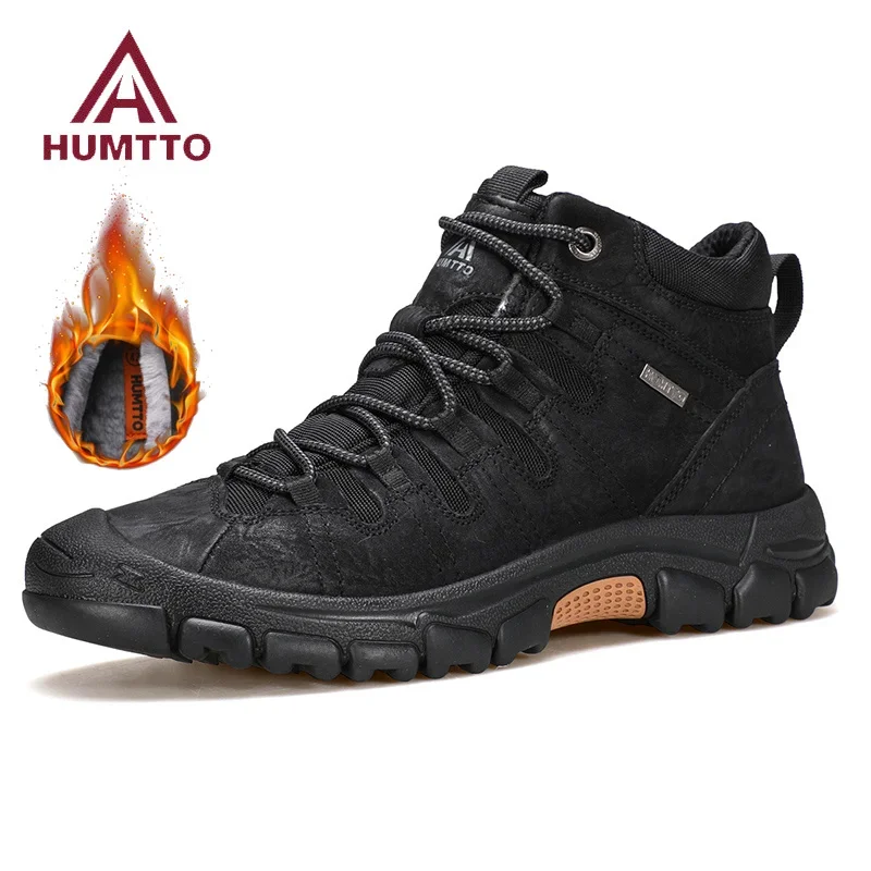 

HUMTTO Genuine Leather Men's Boots Warm Snow Ankle Boots Winter Man Outdoor Black Luxury Designer Shoes Work Safety Men Sneakers