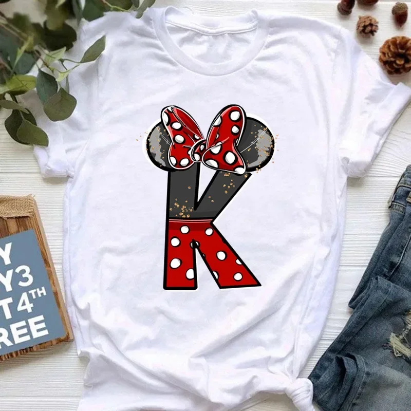 New Summer Short Sleeve Disney Children Baby Clothes Minnie Mouse Letters Print A-Z Print Kid Cotton T-shirt Y2k Tops Boy Girl