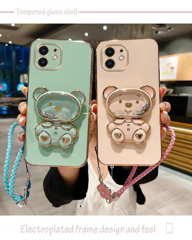 Flower Strap Mirror Bear Plating Case For iPhone 14 11 12 13 Pro Max 13 12 Mini 8 7 6 6S Plus 10 X Xr Xs Max SE 2020 Cover