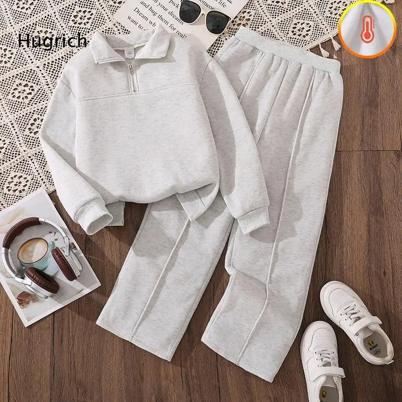 Girls 2 Piece Outfit Fall Winter Long Sleeve Polo Collar Sweatshirt and Pants Set Casual Solid Color Tracksuit Sportswear Cloth