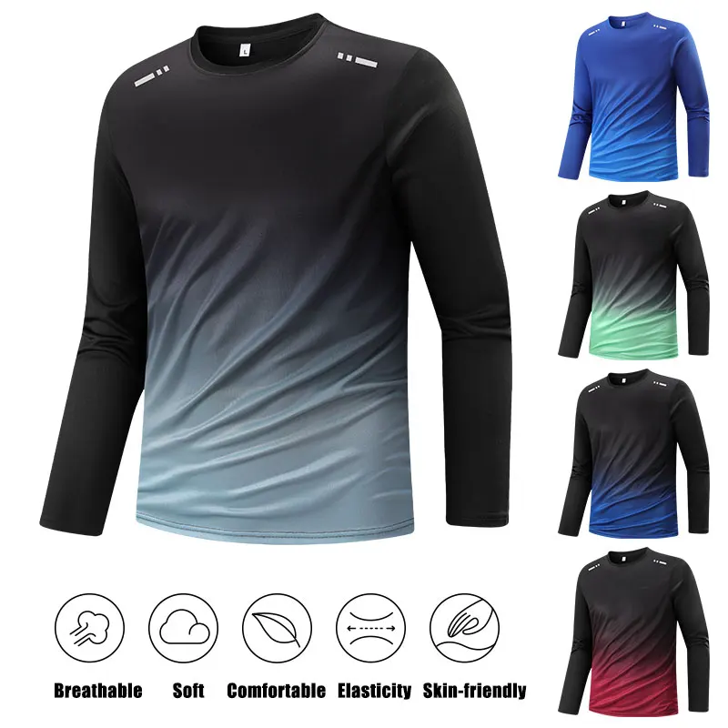 Men's Running Jersey Fitness Training Elastic Gradient Long Sleeve T-Shirt Men Road Cycling Jogging Reverse Strip Long Sleeve